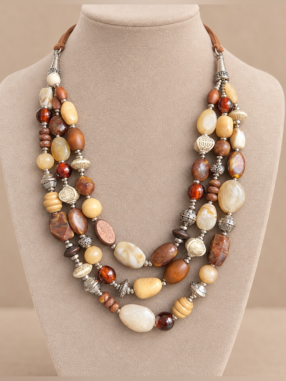 Premier Designs Sundance Brown Beaded Leather Necklace NWT 20"-24" #736